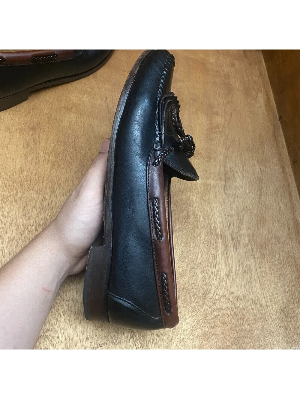 Vintage Woodstock Leather Kiltie Loafers Mens 10.5 D Black Brown Moccasin Shoes